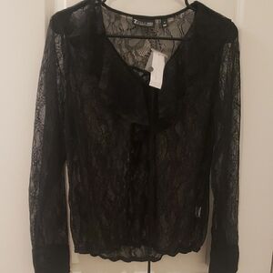New York & Company Black Ruffled Long Sleeve Blouse